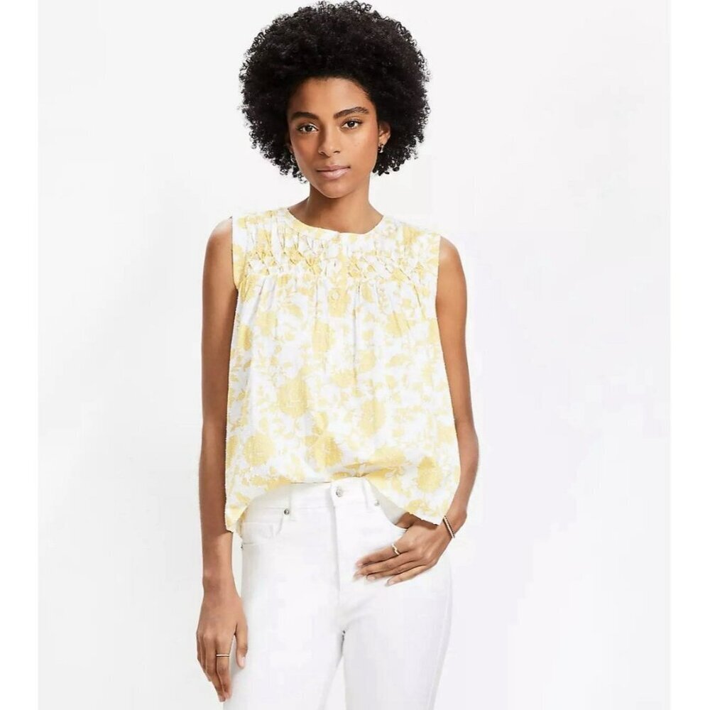 LOFT Floral Paisley Blouse Size Medium Floral Pleated Yoke Mixed Media Top